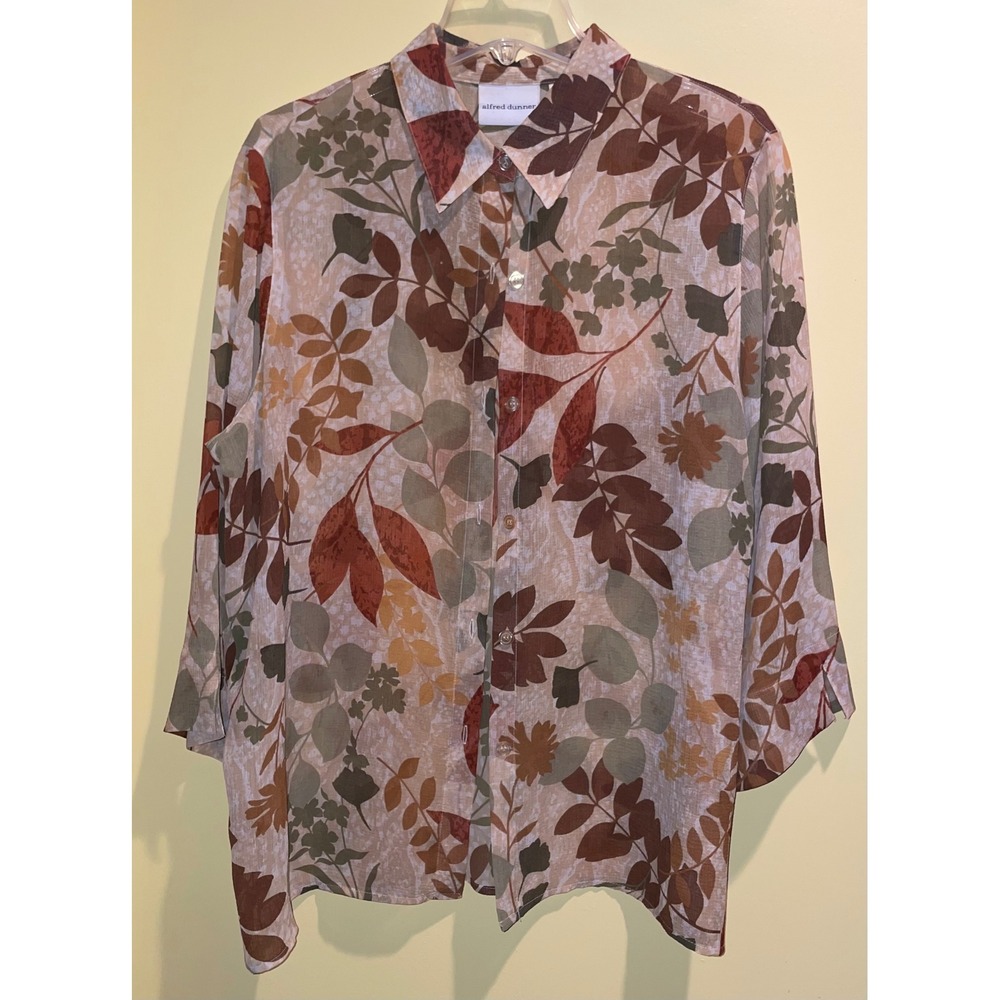 Alfred Dunner Women Brown Green Floral Leaf Print Button Down Blouse Size 14